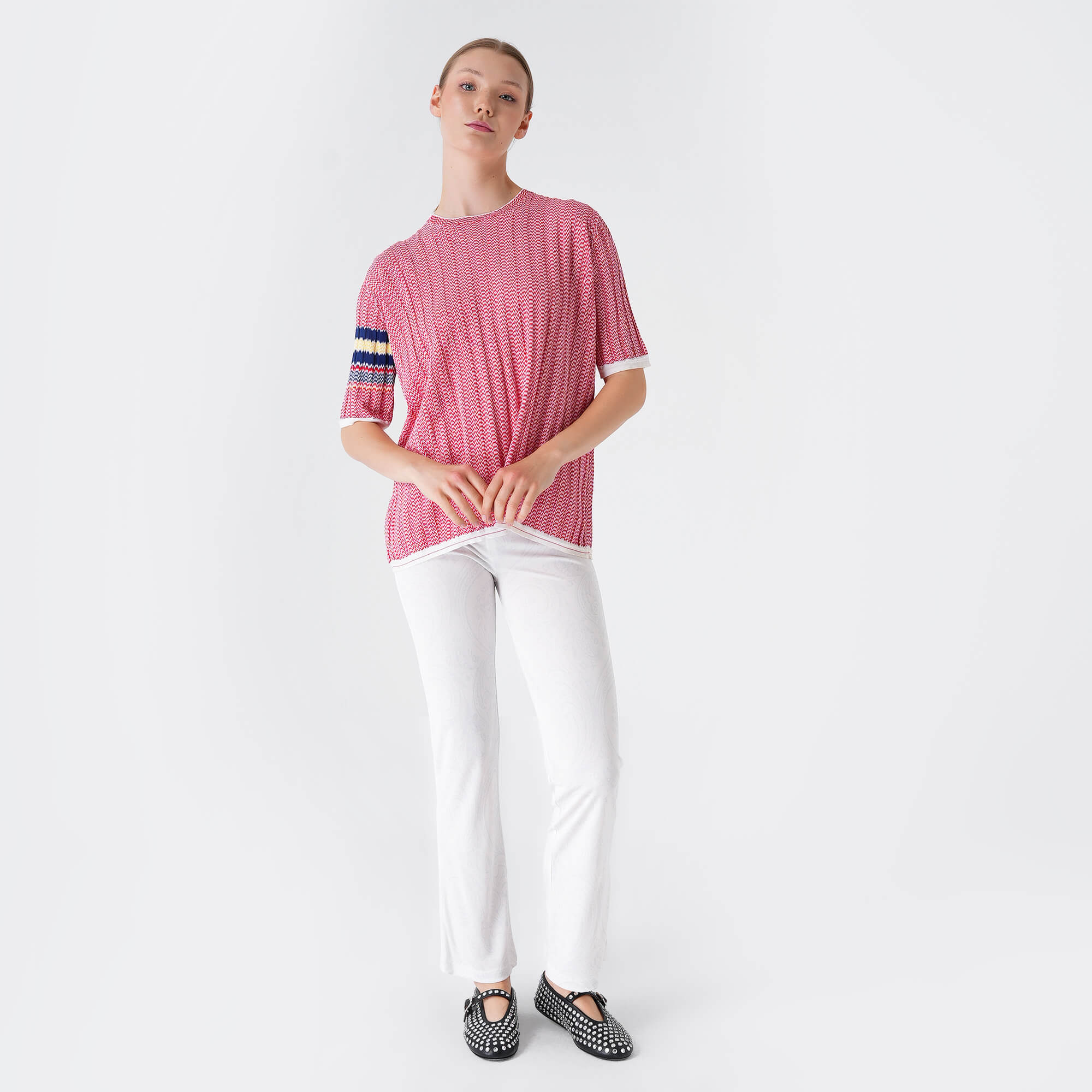 Celine - Red & White Striped Zigzag Viscose T-shirt